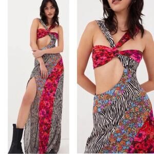 For Love & Lemons Rita Mixed Print Cutout Floral and Zebra Maxi Dress Sz XS